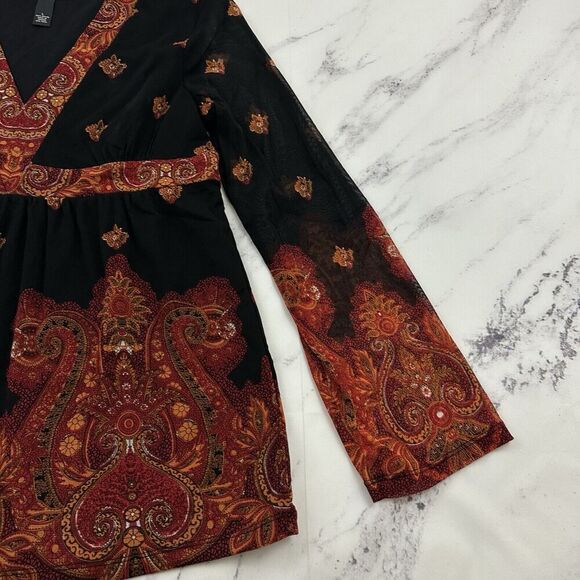 INC Womens Vintage Y2k Babydoll Top Size L Black Orange Paisley Mesh Sheer Trim - Picture 3 of 11